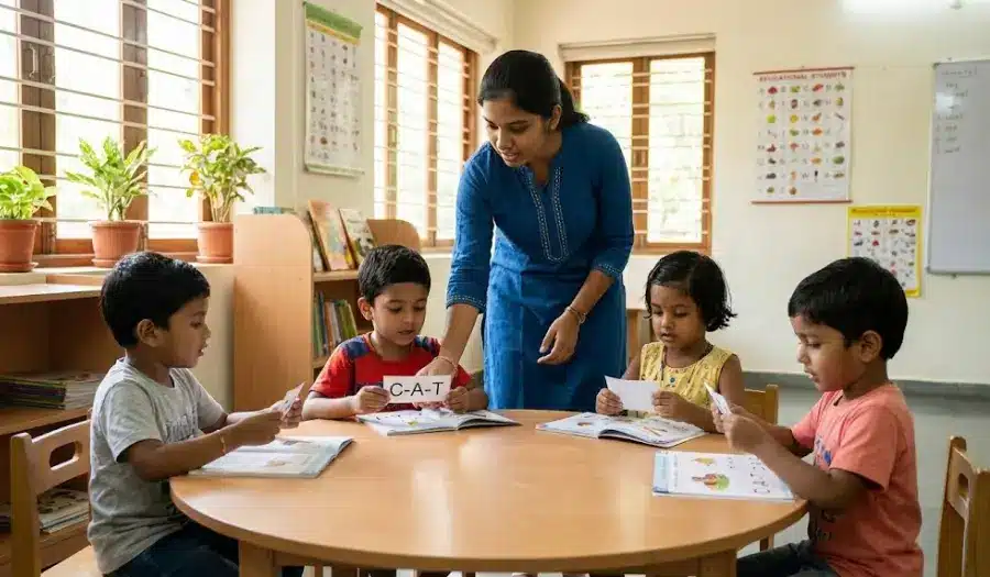 Children learning to read through phonics classes with a teacher guiding letter sound blending